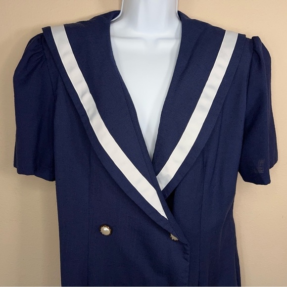 VINTAGE 13/14 SHELLY MICHAELS 1980’s BLUE WHITE SAILOR DRESS RETRO PINUP - Picture 4 of 14